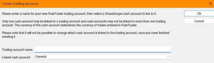 Use the Create Trading Account dialog to specify which cash-account on the platform will be linked to your trading account