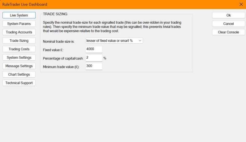 This tab lets you specify the default trade size to use for live trading